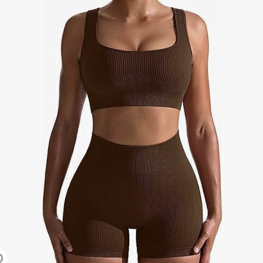 Workout Outfits for Women 2 Piece Seamless Ribbed High Waist Shorts with Sports